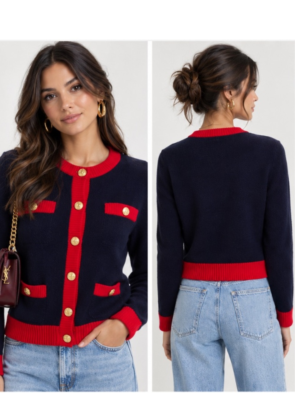 C By Bloomingdale’s Cashmere Navy and Scarlet Women's Cardigan Sweater